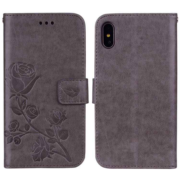 

Imprinted Rose Flower Pattern Leather Wallet Protective Case for iPhone XS 5.8 inch - Grey, iPhone Xs