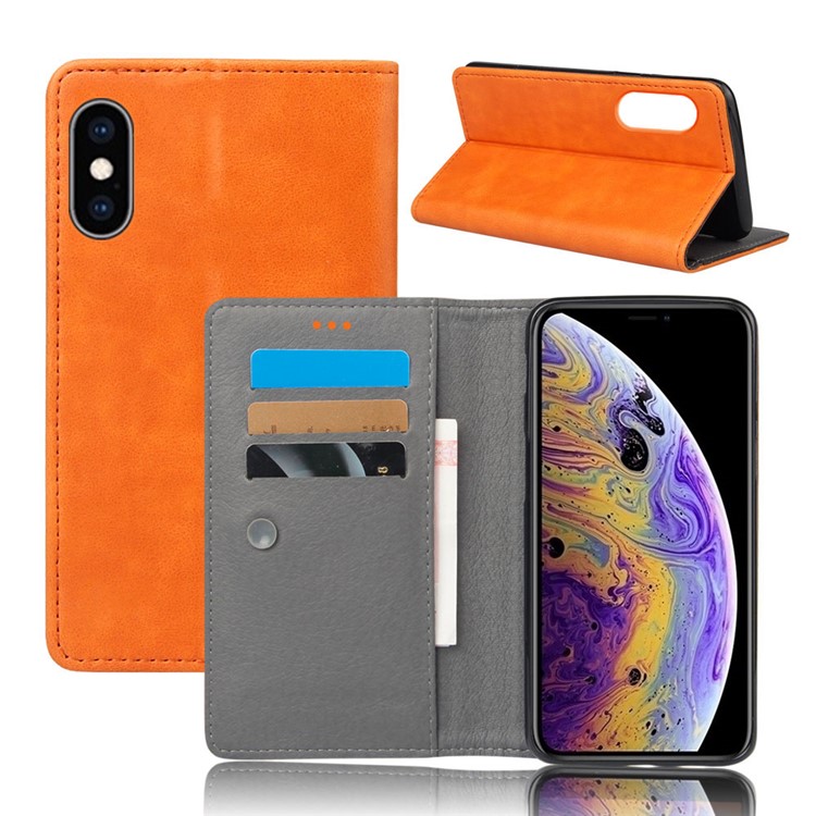 

Crazy Horse Wallet Leather Flip Casing with Suction Cup for iPhone XS / X 5.8 inch - Orange, iPhone Xs