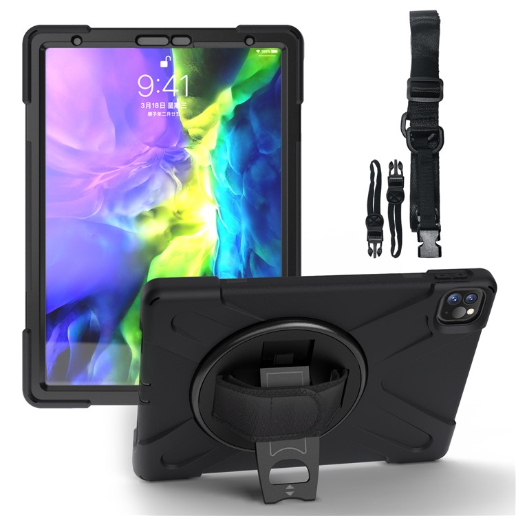 Per Coperchio Combo Per PC + TPU X-shape Per IPad Da 11 Pollici (2018) / Cavalletto Girevole A 360 Gradi / Cinturino E Tracolla A Mano - Tutto Nero-1