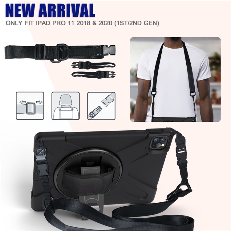 Per Coperchio Combo Per PC + TPU X-shape Per IPad Da 11 Pollici (2018) / Cavalletto Girevole A 360 Gradi / Cinturino E Tracolla A Mano - Tutto Nero-2