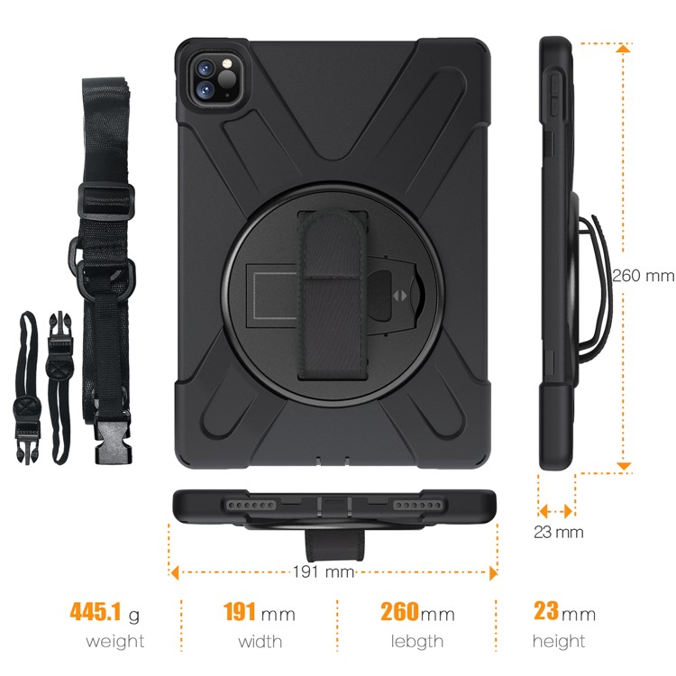 Per Coperchio Combo Per PC + TPU X-shape Per IPad Da 11 Pollici (2018) / Cavalletto Girevole A 360 Gradi / Cinturino E Tracolla A Mano - Tutto Nero-3