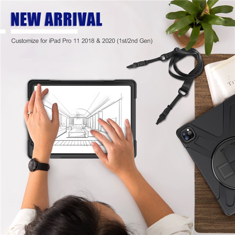 Per Coperchio Combo Per PC + TPU X-shape Per IPad Da 11 Pollici (2018) / Cavalletto Girevole A 360 Gradi / Cinturino E Tracolla A Mano - Tutto Nero-5