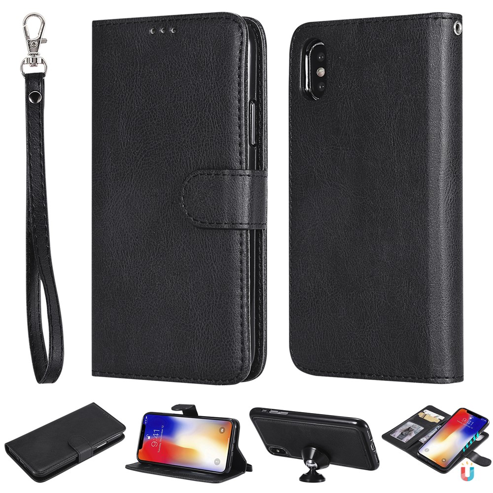 Magnetic KT Leather Series-3 Case de Cuero PU Desmontable 2 en 1 Para Iphone XS / X 5.8 Pulgadas - Negro