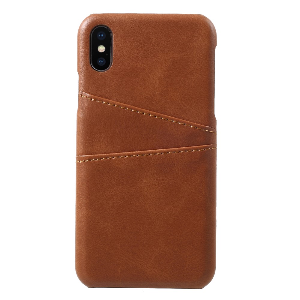 Double Card Slots PU Leather Coated PC Case Phone Accessory for iPhone XS / X 5.8 inch - Coffee