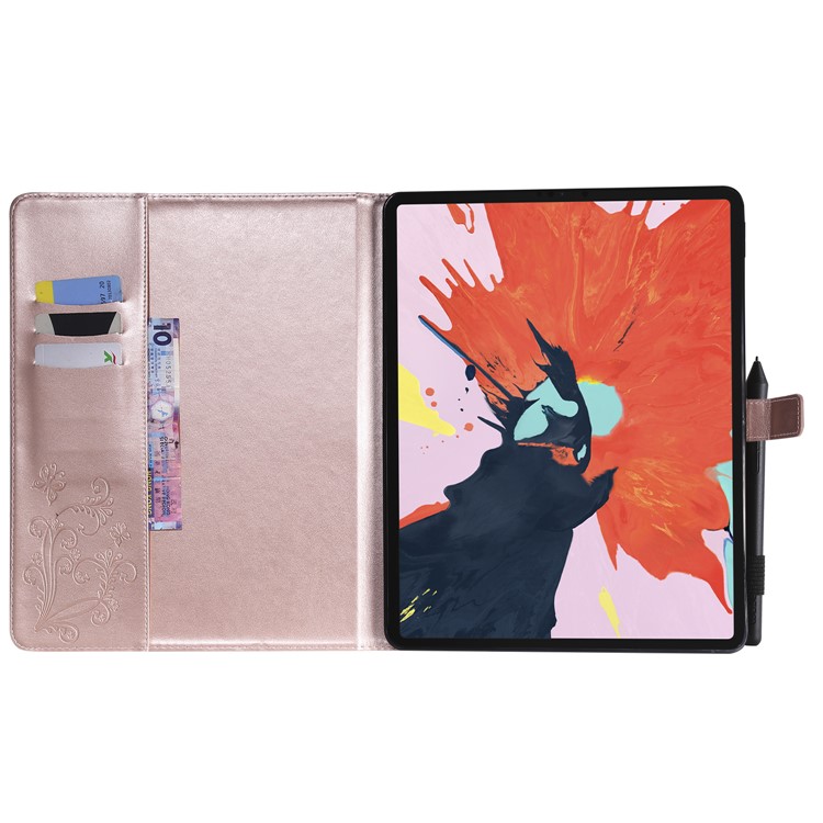 For iPad Pro 12.9-inch (2018) Imprint Butterfly Stand Leather Phone Casing - Rose Gold-3