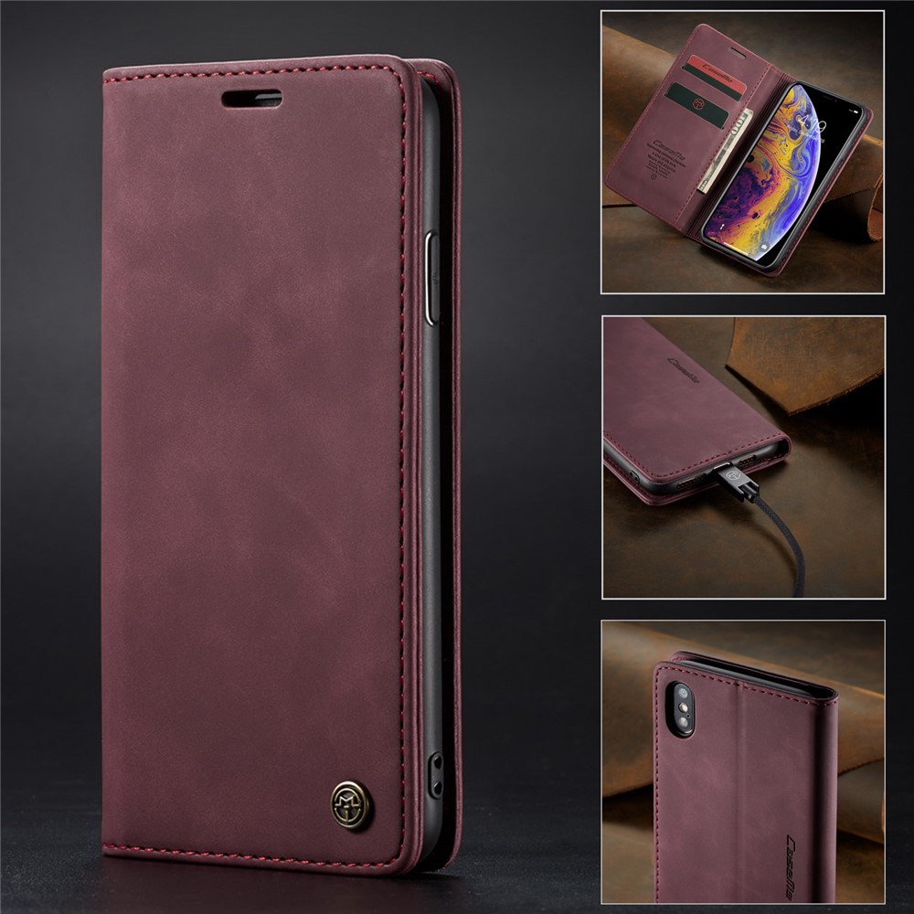 CASEME 013 Series for iPhone XS/X 5.8 inch Retro Flip Leather Phone Casing [Auto-absorbed] [Wallet Stand] - Wine Red