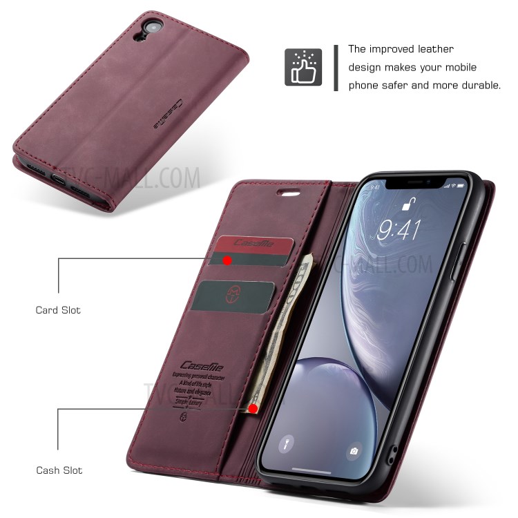 CASEME PU Leather Magnetic Flap Case for iPhone XR 6.1 inch - Wine Red-13