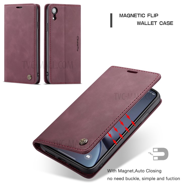 CASEME PU Leather Magnetic Flap Case for iPhone XR 6.1 inch - Wine Red-14