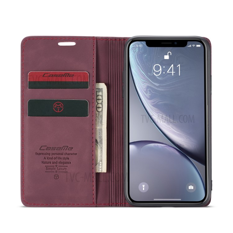 CASEME PU Leather Magnetic Flap Case for iPhone XR 6.1 inch - Wine Red-19