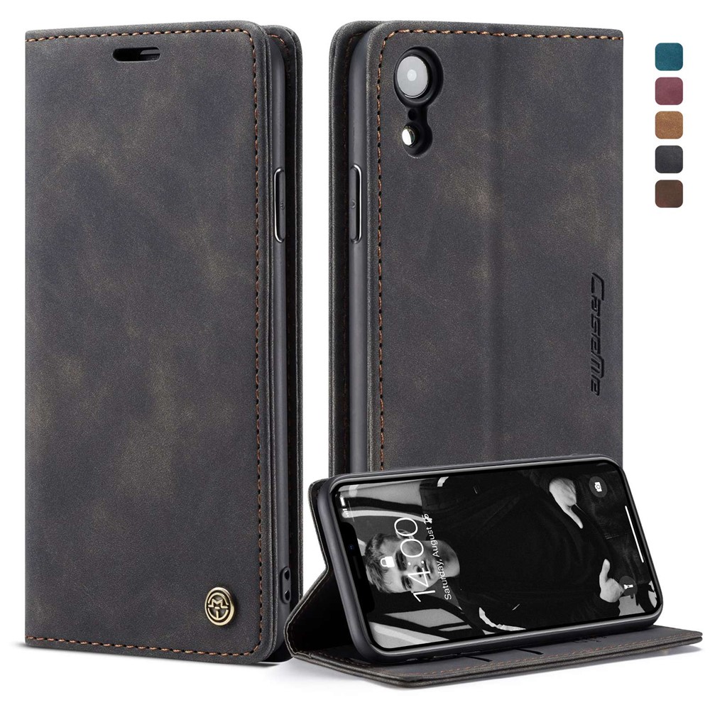 CASEME PU Couro Flip Stand Telefone Shell Para Iphone XR 6,1 Polegadas - Preto-1
