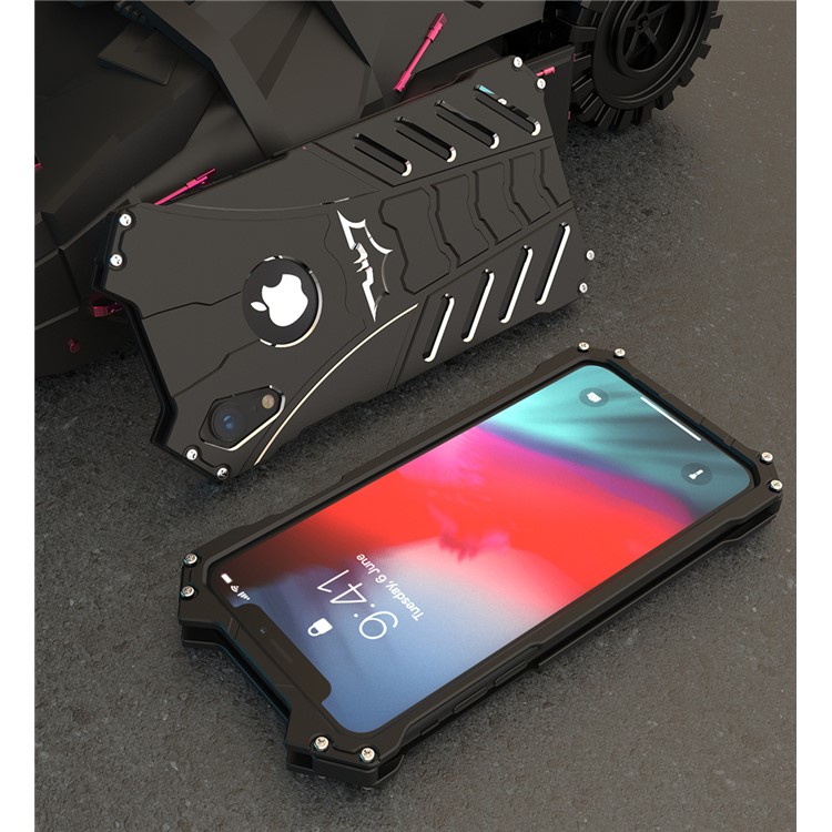 

R-JUST 3-piece Cool Metal Shockproof Phone Case for iPhone XR 6.1 inch with Bracket - Black, iPhone XR