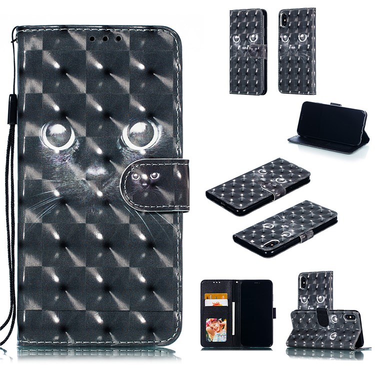 

[Light Spot Decor] Patterned Leather Stand Phone Shell for iPhone XS Max 6.5 inch - Black Cat, iPhone XS Max