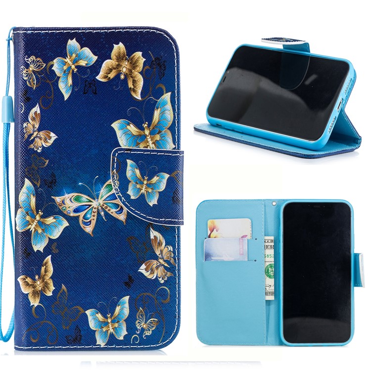 Padrão De Impressão Cruz Textura Carteira De Couro Para Iphone XR De 6,1 Polegadas - Borboleta Azul E Ouro-1