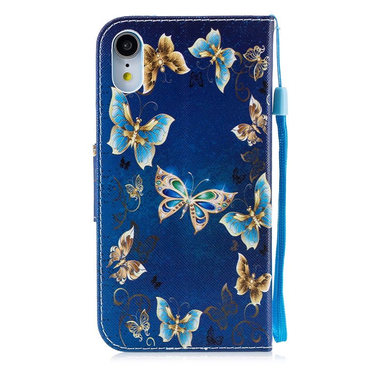 Padrão De Impressão Cruz Textura Carteira De Couro Para Iphone XR De 6,1 Polegadas - Borboleta Azul E Ouro-2