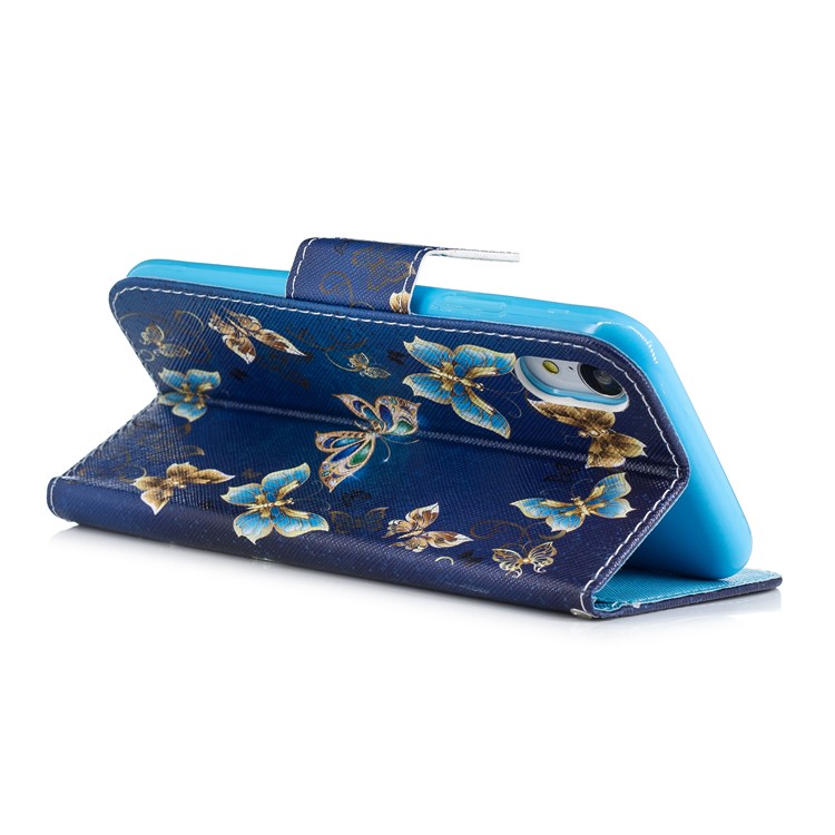 Padrão De Impressão Cruz Textura Carteira De Couro Para Iphone XR De 6,1 Polegadas - Borboleta Azul E Ouro-5