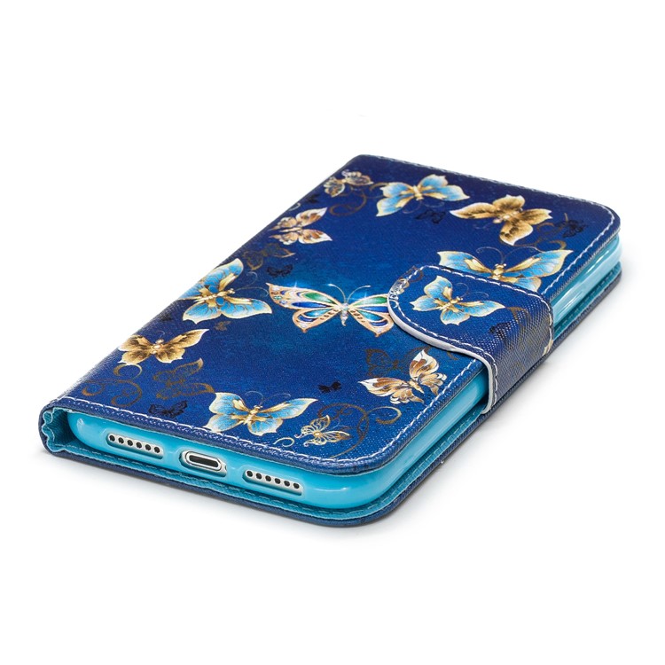 Padrão De Impressão Cruz Textura Carteira De Couro Para Iphone XR De 6,1 Polegadas - Borboleta Azul E Ouro-6