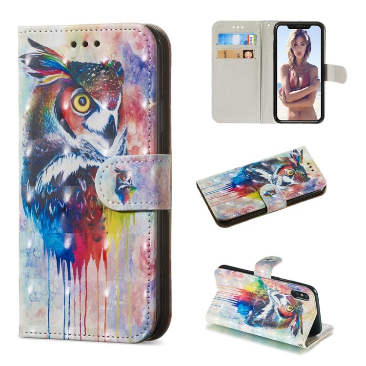 

[light Spot Decor] Кожаный Чехол С Подставкой С Рисунком Для Iphone XS / X 5,8 Дюйма - Цветная Сова, iPhone Xs