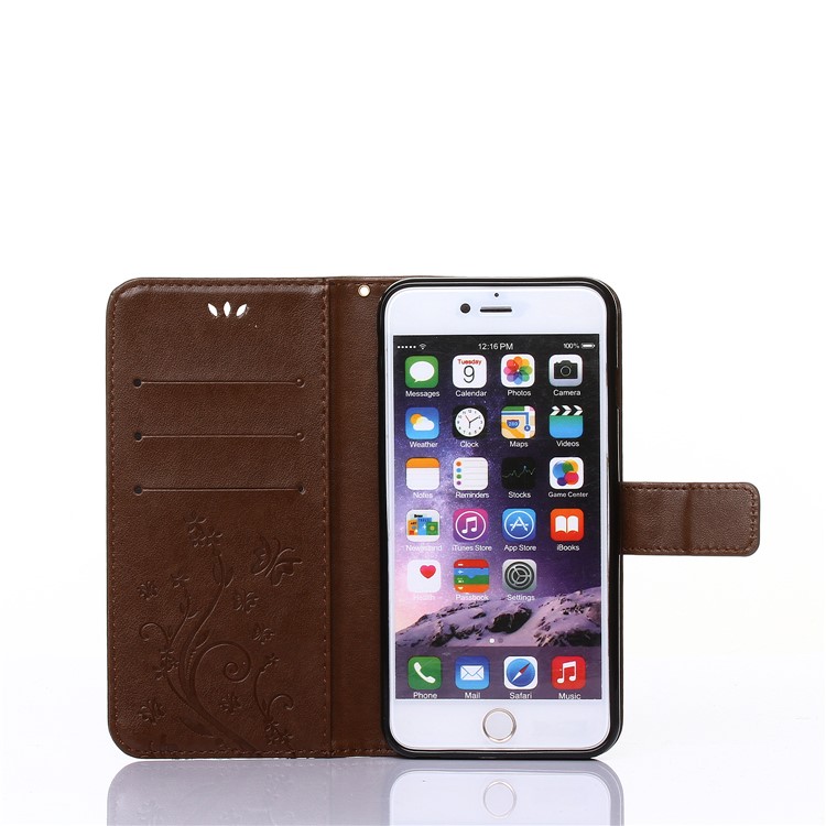 Imprint Butterfly Flower Stand Leather Wallet Case for iPhone 6s/6 4.7-inch - Coffee-4