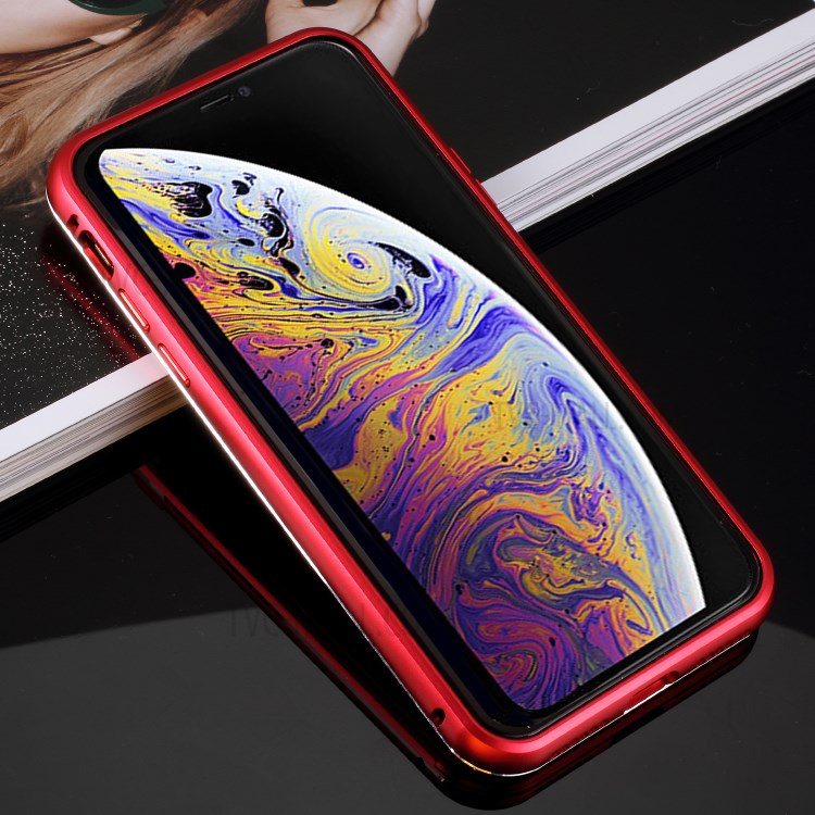 For iPhone XS Max 6.5 inch 9H Glass Case with Slide-on Metal Frame - Red-17