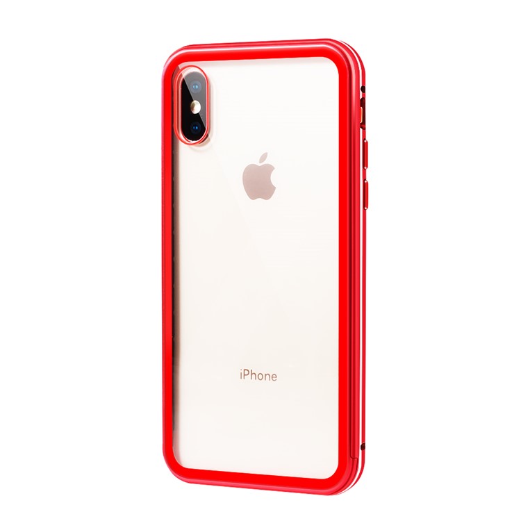 For iPhone XS Max 6.5 inch 9H Glass Case with Slide-on Metal Frame - Red-2