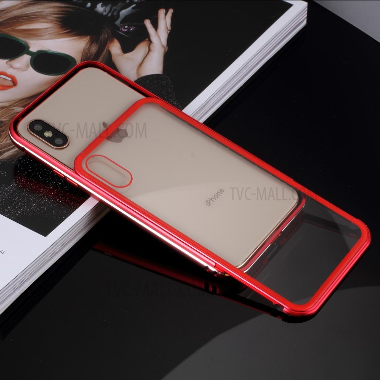 For iPhone XS Max 6.5 inch 9H Glass Case with Slide-on Metal Frame - Red-25