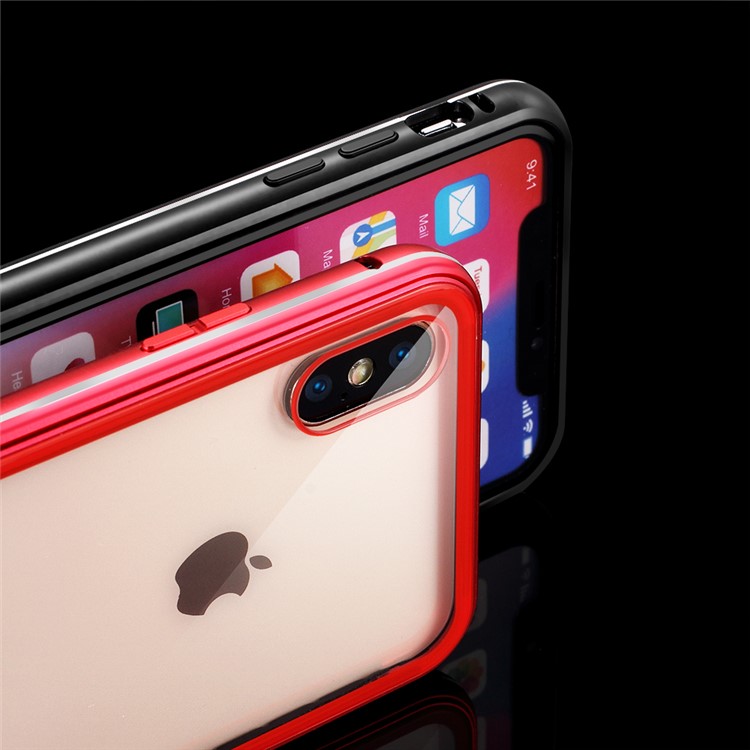 For iPhone XS Max 6.5 inch 9H Glass Case with Slide-on Metal Frame - Red-6