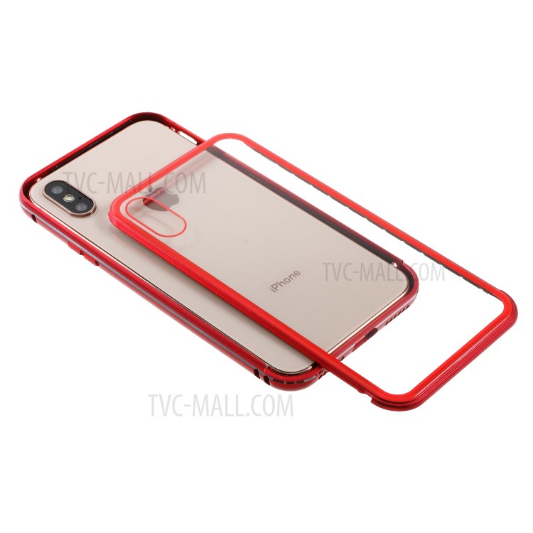 For iPhone XS Max 6.5 inch 9H Glass Case with Slide-on Metal Frame - Red-9