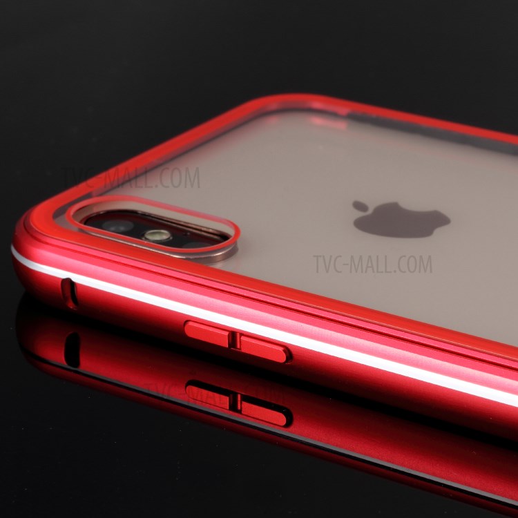 Slide-on Metal Frame + 9H Glass Back Hybrid Case for iPhone XS / X 5.8 inch - Red-11