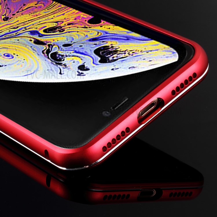 Slide-on Metal Frame + 9H Glass Back Hybrid Case for iPhone XS / X 5.8 inch - Red-13