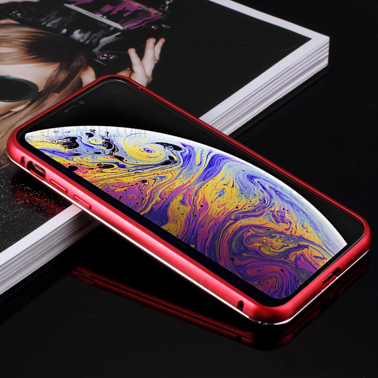 Slide-on Metal Frame + 9H Glass Back Hybrid Case for iPhone XS / X 5.8 inch - Red-16