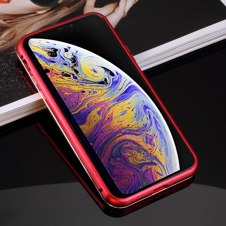 Slide-on Metal Frame + 9H Glass Back Hybrid Case for iPhone XS / X 5.8 inch - Red-18