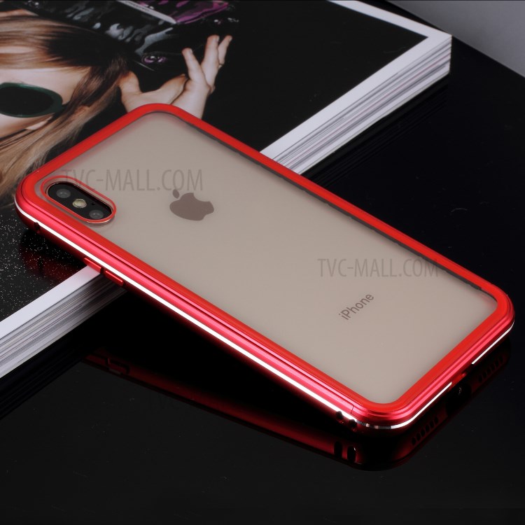 Slide-on Metal Frame + 9H Glass Back Hybrid Case for iPhone XS / X 5.8 inch - Red-22