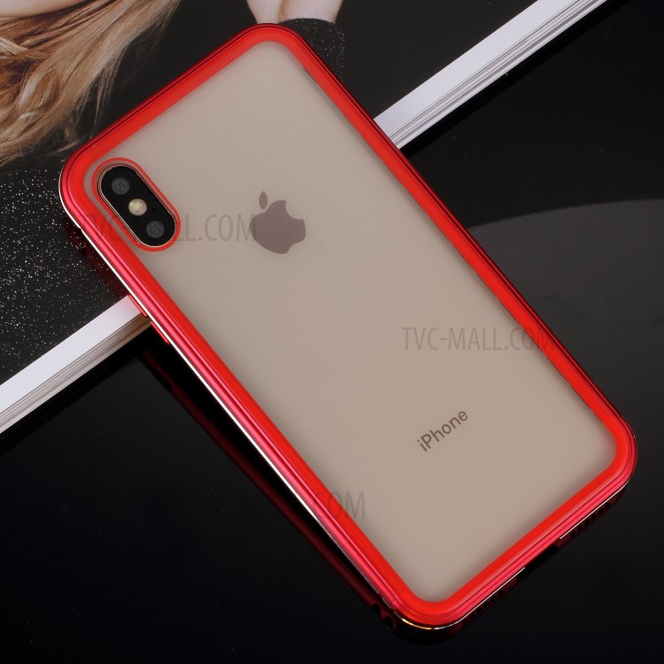 Slide-on Metal Frame + 9H Glass Back Hybrid Case for iPhone XS / X 5.8 inch - Red-23