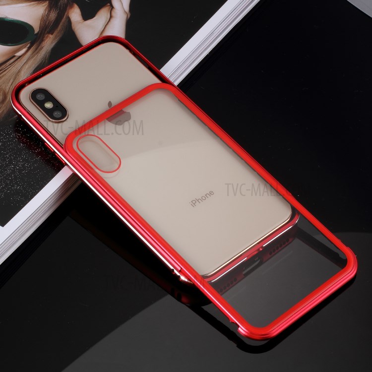 Slide-on Metal Frame + 9H Glass Back Hybrid Case for iPhone XS / X 5.8 inch - Red-24