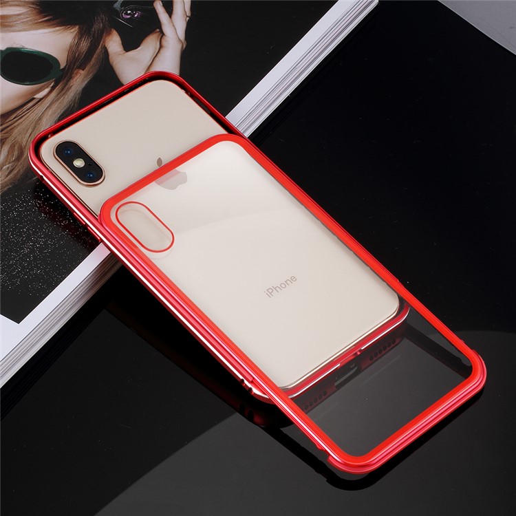 Slide-on Metal Frame + 9H Glass Back Hybrid Case for iPhone XS / X 5.8 inch - Red-4