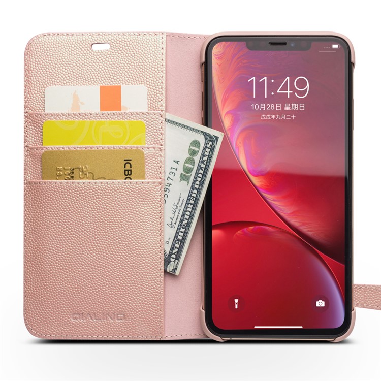 QIALINO Pinky Genuine Leather Wallet Mobile Phone Case for iPhone XR 6.1 inch-4