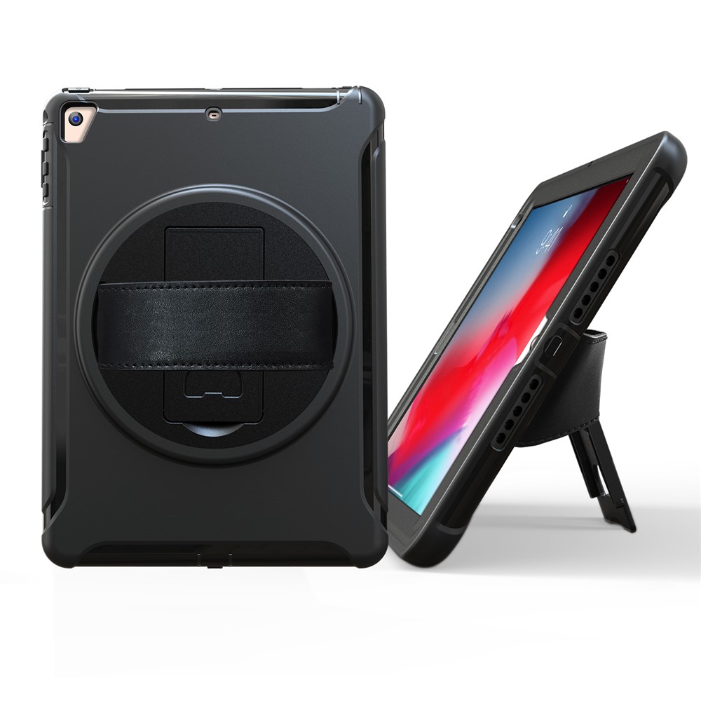 case de tablette tpu + pc rotable à 360 degrés avec kickstand et sangle à main réglable pour ipad 9.7 (2018) / 9.7 (2017) / air / air 2 / pro 9.7 (2016) - le noir