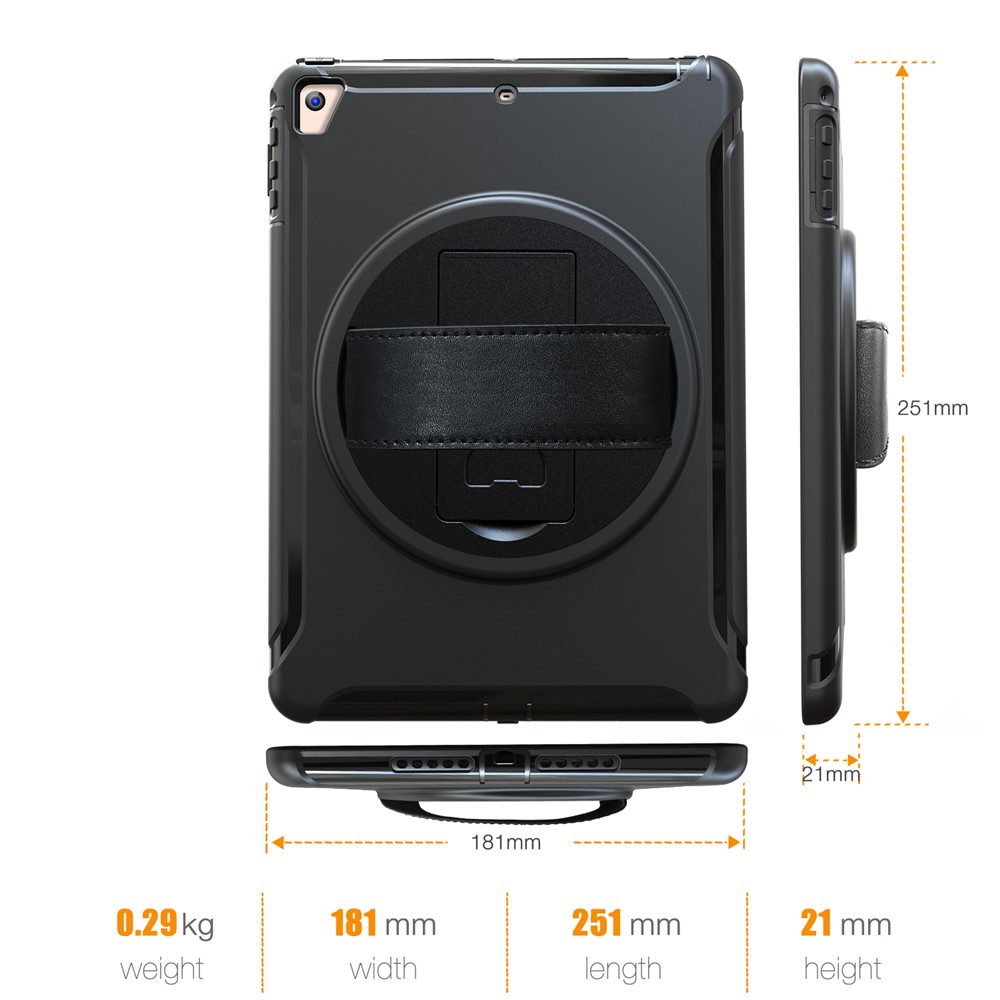 360 grad rotbarer tpu + pc -tablet -hülle mit kickstand und verstellbarem handriemen für ipad 9.7 (2018) / 9.7 (2017) / luft / air 2/ pro 9.7 (2016) - schwarz