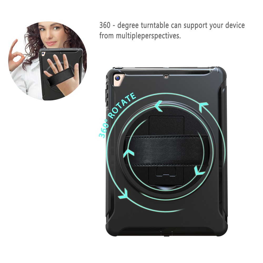 360 Degree Rotable TPU + PC Tablet Case with Kickstand and Adjustable Hand Strap for iPad 9.7 (2018) / 9.7 (2017) / Air / Air 2/ Pro 9.7 (2016) - Black-13