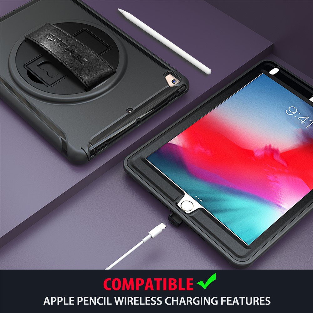 case de tablette tpu + pc rotable à 360 degrés avec kickstand et sangle à main réglable pour ipad 9.7 (2018) / 9.7 (2017) / air / air 2 / pro 9.7 (2016) - le noir