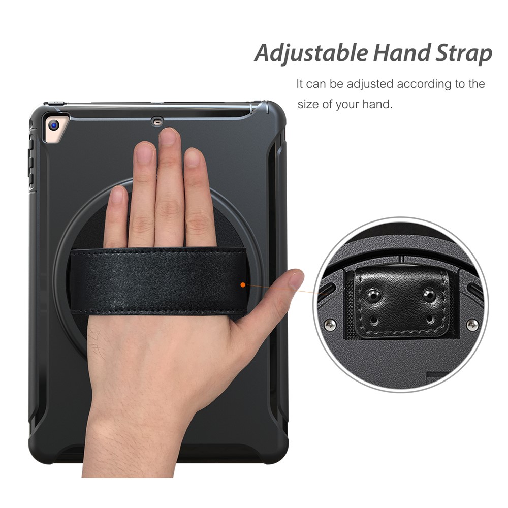 case de tablette tpu + pc rotable à 360 degrés avec kickstand et sangle à main réglable pour ipad 9.7 (2018) / 9.7 (2017) / air / air 2 / pro 9.7 (2016) - le noir