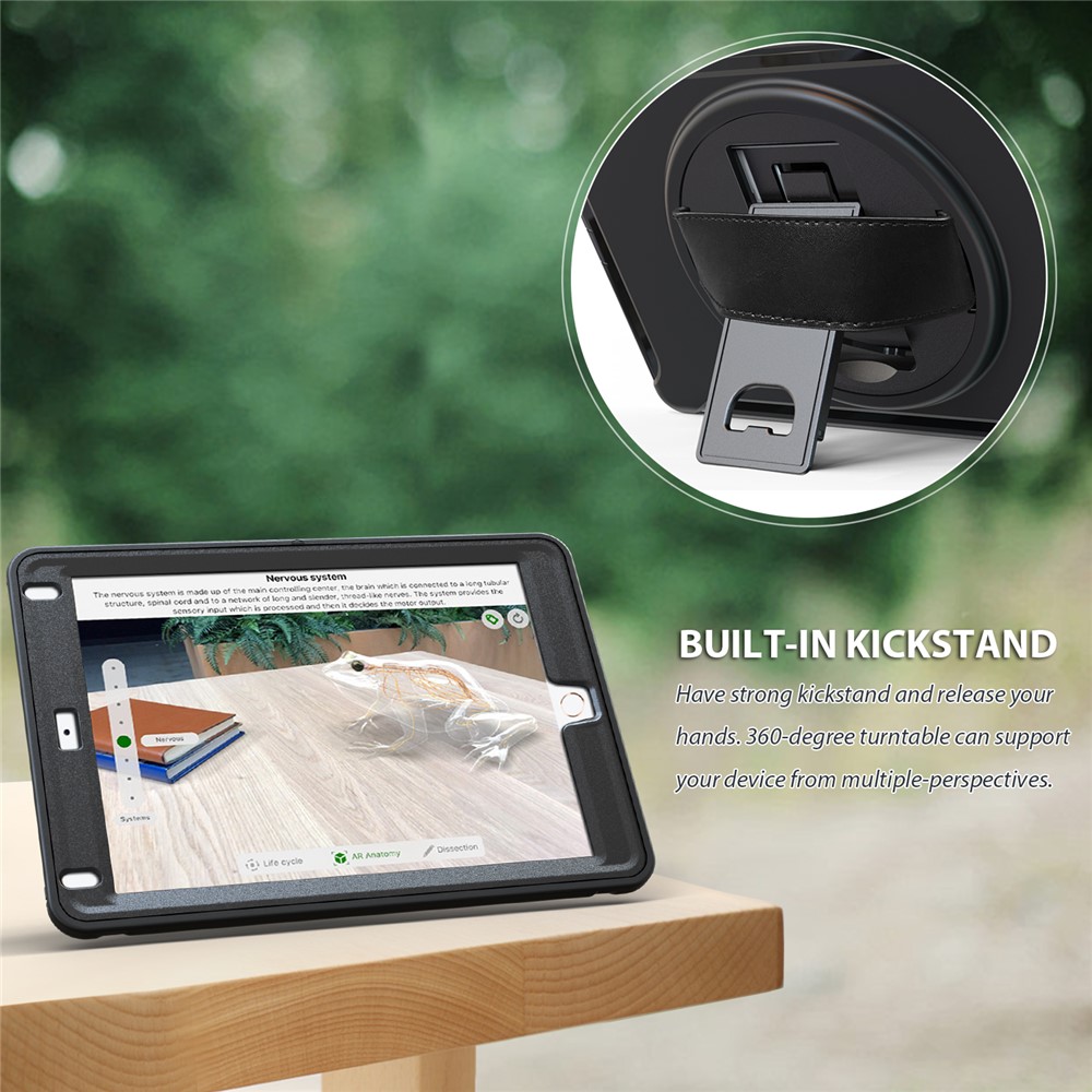 case de tablette tpu + pc rotable à 360 degrés avec kickstand et sangle à main réglable pour ipad 9.7 (2018) / 9.7 (2017) / air / air 2 / pro 9.7 (2016) - le noir