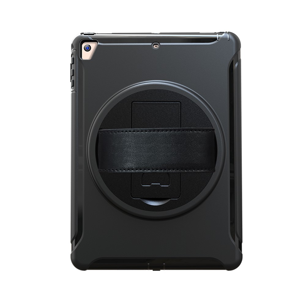 case de tablette tpu + pc rotable à 360 degrés avec kickstand et sangle à main réglable pour ipad 9.7 (2018) / 9.7 (2017) / air / air 2 / pro 9.7 (2016) - le noir