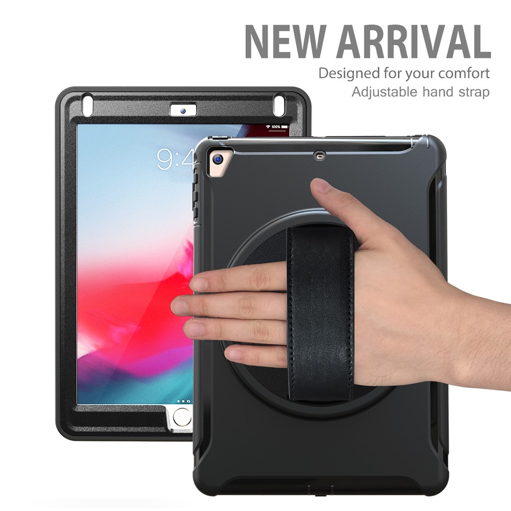 case de tablette tpu + pc rotable à 360 degrés avec kickstand et sangle à main réglable pour ipad 9.7 (2018) / 9.7 (2017) / air / air 2 / pro 9.7 (2016) - le noir