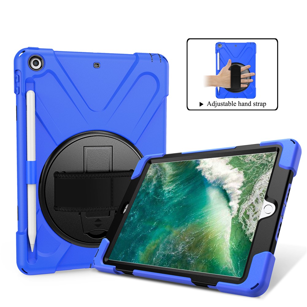 For iPad 9.7-inch (2018) / (2017) [X-Shape] PC + TPU Combo Case / 360 Degree Swivel Kickstand / Hand Strap and Shoulder Strap - Dark Blue