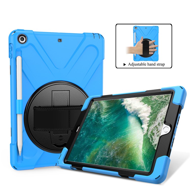 

For iPad 9.7-inch (2018) / (2017) [X-Shape] PC + TPU Combo Case / 360 Degree Swivel Kickstand / Hand Strap and Shoulder Strap - Baby Blue