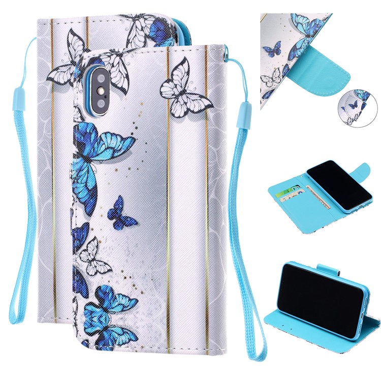 

Pattern Printing Wallet Stand Leather Mobile Case for iPhone XS Max 6.5 inch with Strap - Blue and White Butterflies, iPhone XS Max 6.5 inch