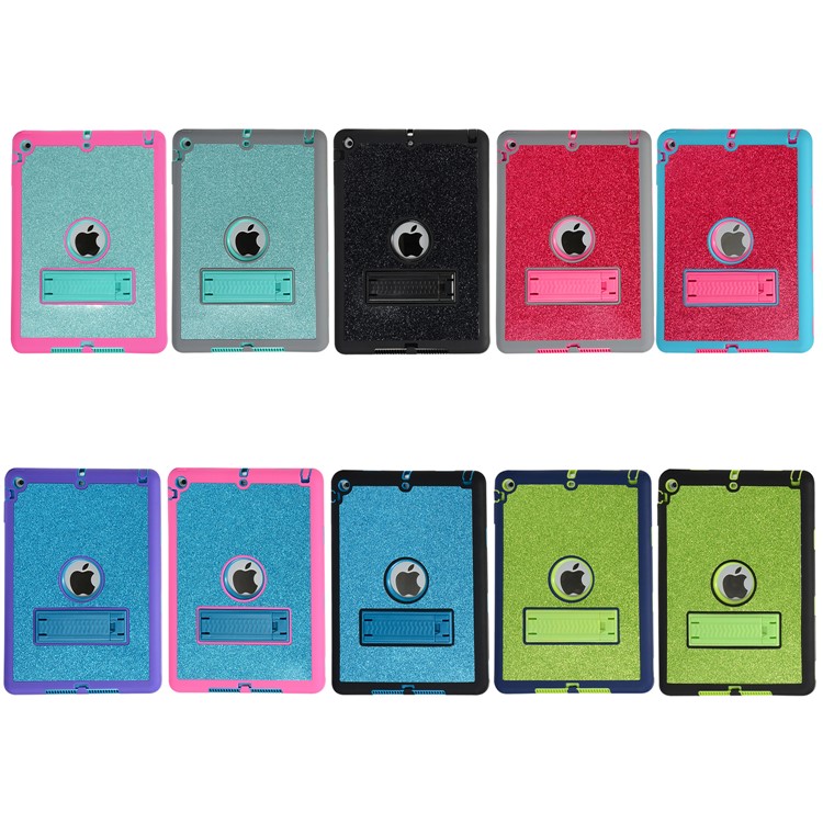 For iPad Air Glitter Powder PC Silicone Tablet Cover Shockproof Drop-proof Dust-proof Case - Cyan / Grey-11