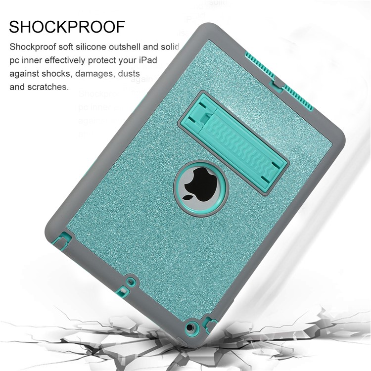 For iPad Air Glitter Powder PC Silicone Tablet Cover Shockproof Drop-proof Dust-proof Case - Cyan / Grey-2