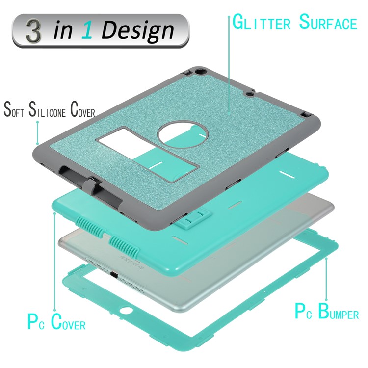 For iPad Air Glitter Powder PC Silicone Tablet Cover Shockproof Drop-proof Dust-proof Case - Cyan / Grey-4